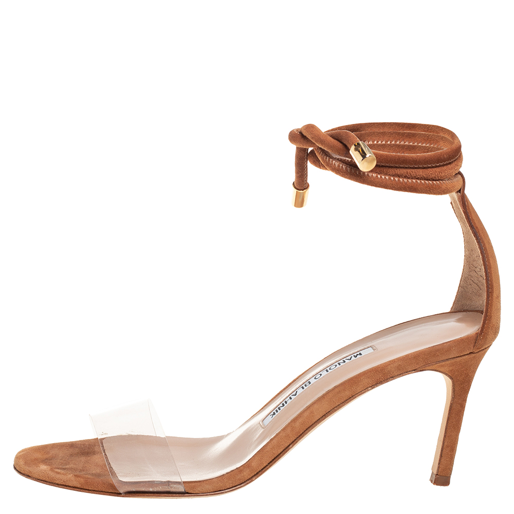 

Manolo Blahnik Camel Suede And PVC Estro Ankle Wrap Sandals Size, Brown