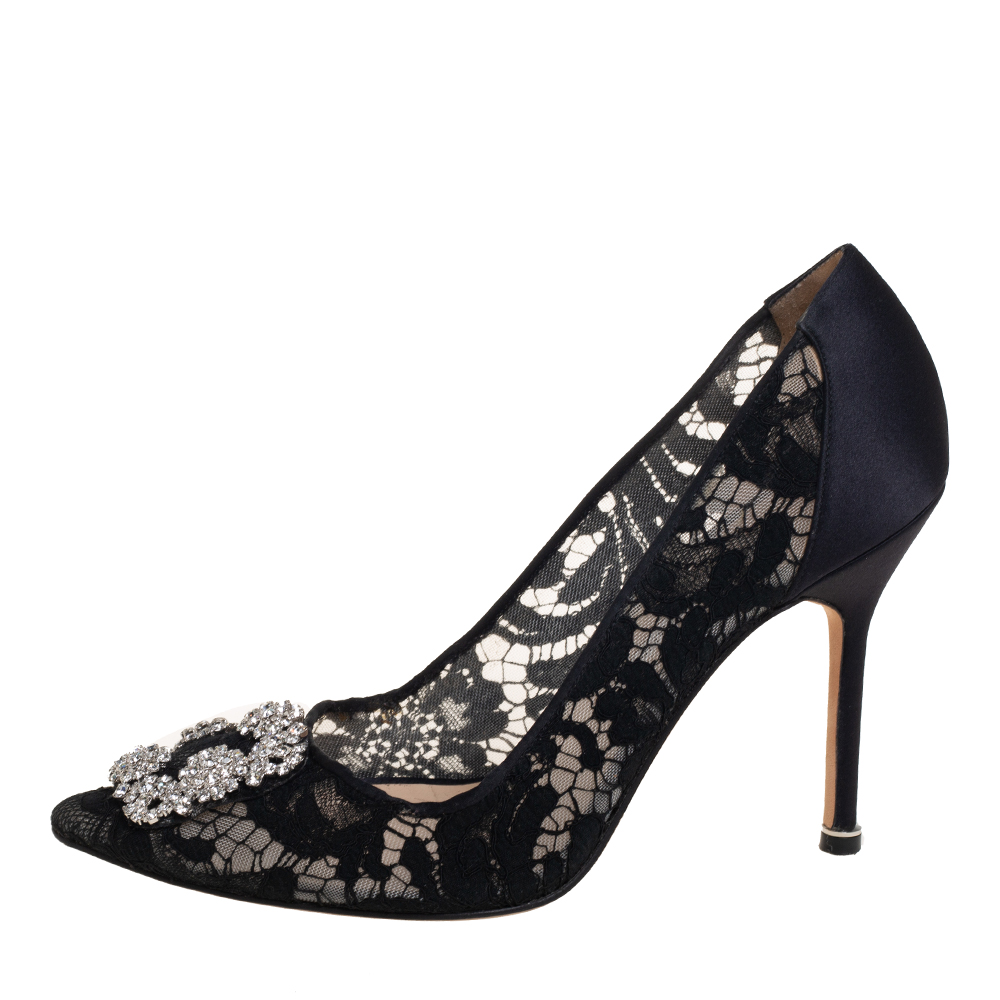 

Manolo Blahnik Black Satin And Lace Hangisi Embellished Pumps Size