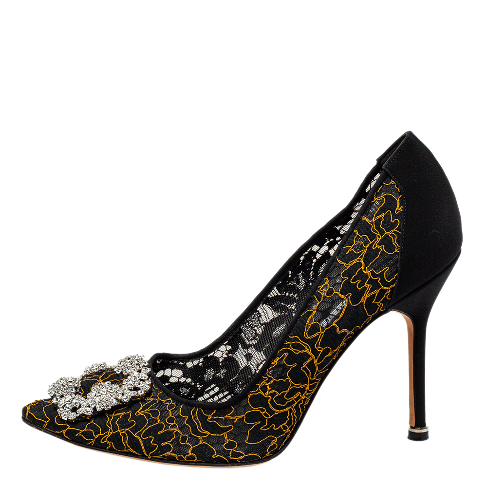

Manolo Blahnik Black Embroidered Mesh And Fabric Hangisi Pumps Size