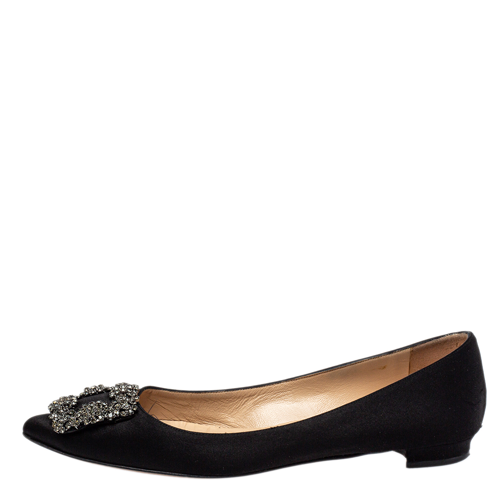 

Manolo Blahnik Black Satin Hangisi Crystal Embellished Flats Size