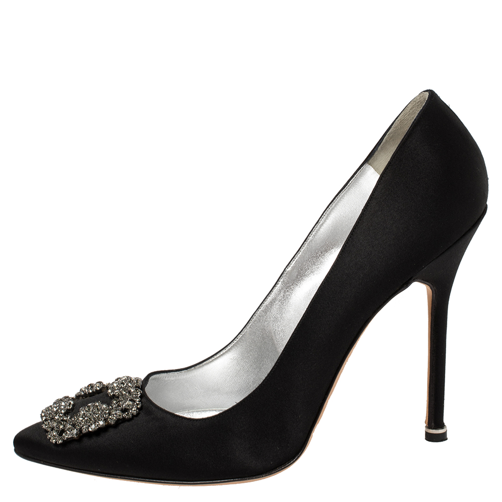 

Manolo Blahnik Black Satin Hangisi Pointed Toe Pumps Size