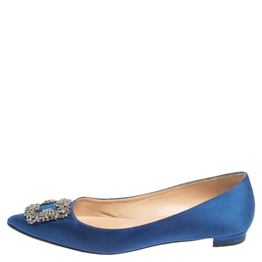 

Manolo Blahnik Blue Satin Hangisi Pointed Toe Flats Size