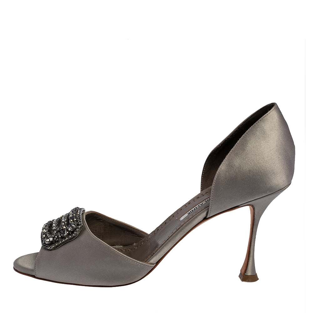 

Manolo Blahnik Grey Satin Alicia Embellished Peep Toe Sandals Size