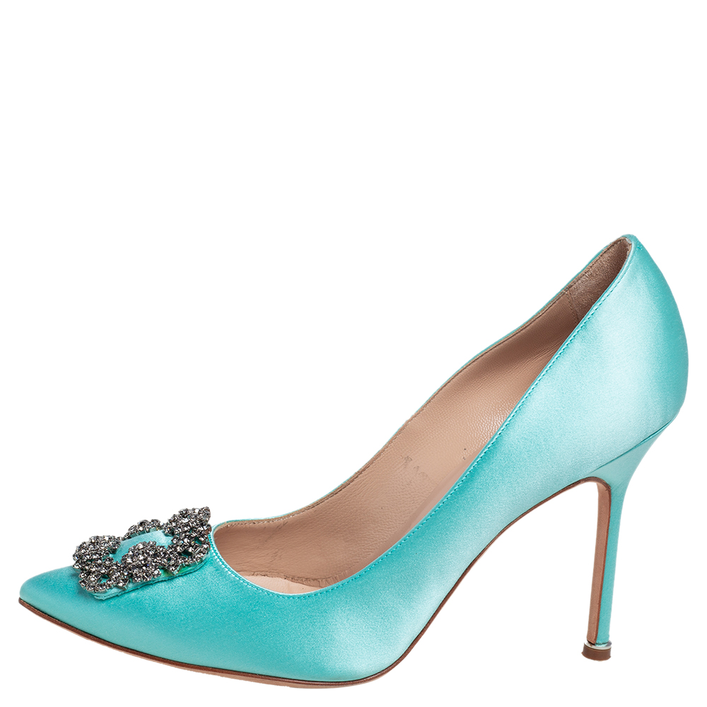 

Manolo Blahnik Aqua Blue Satin Hangisi Embellished Pointed Toe Pumps Size