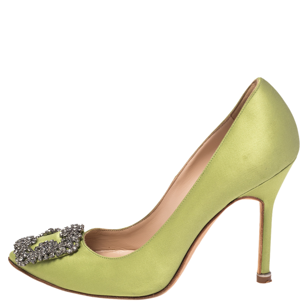 

Manolo Blahnik Apple Green Satin Hangisi Pumps Size
