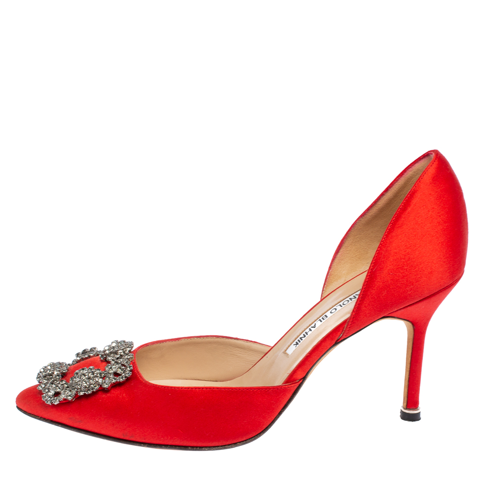 

Manolo Blahnik Red Satin Hangisi D'orsay Pointed Toe Pumps Size