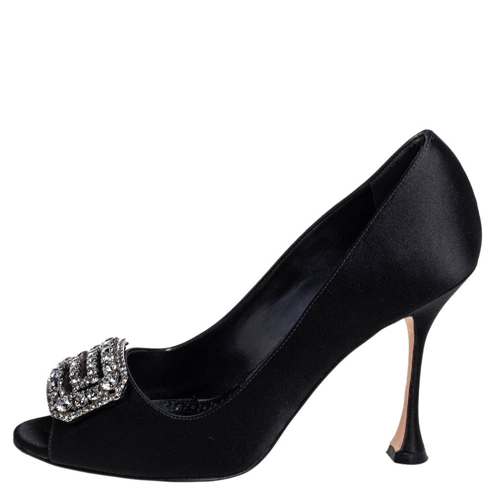 

Manolo Blahnik Black Satin Matik Peep Toe Pumps Size