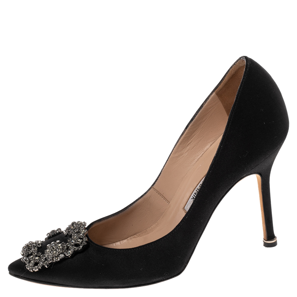 

Manolo Blahnik Black Satin Hangisi Pumps Size