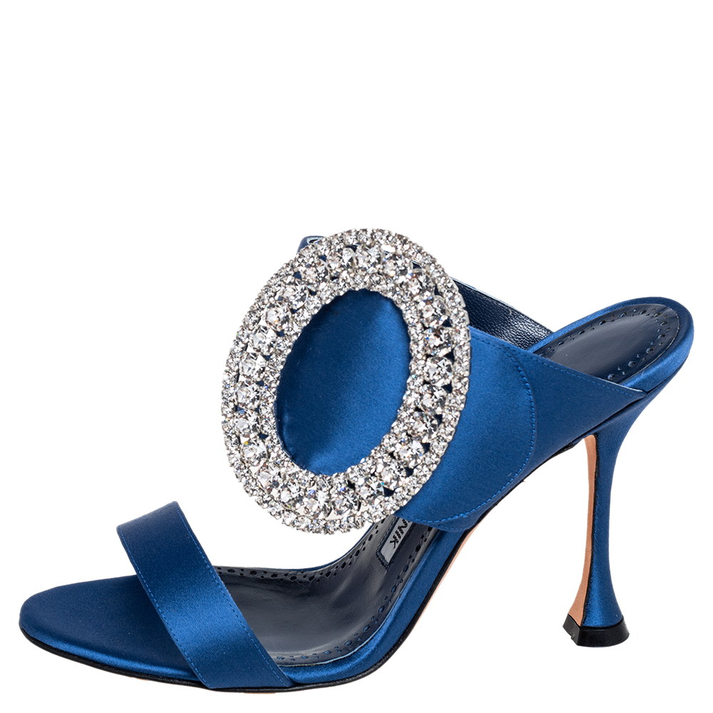 

Manolo Blahnik Blue Satin Fibiona Crystal Embellished Mules Size