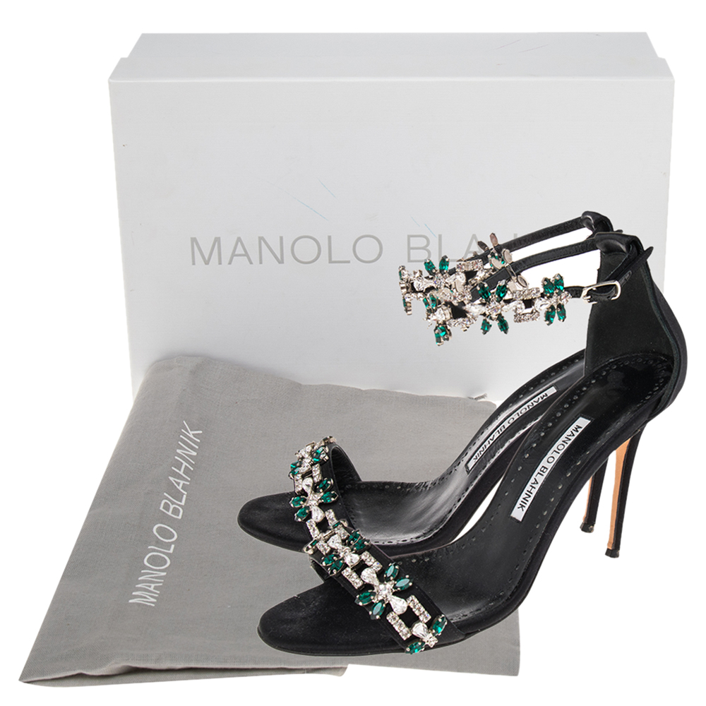 Pre Owned Manolo Blahnik Black Satin Embellished Ankle Strap Sandals Size 38.5