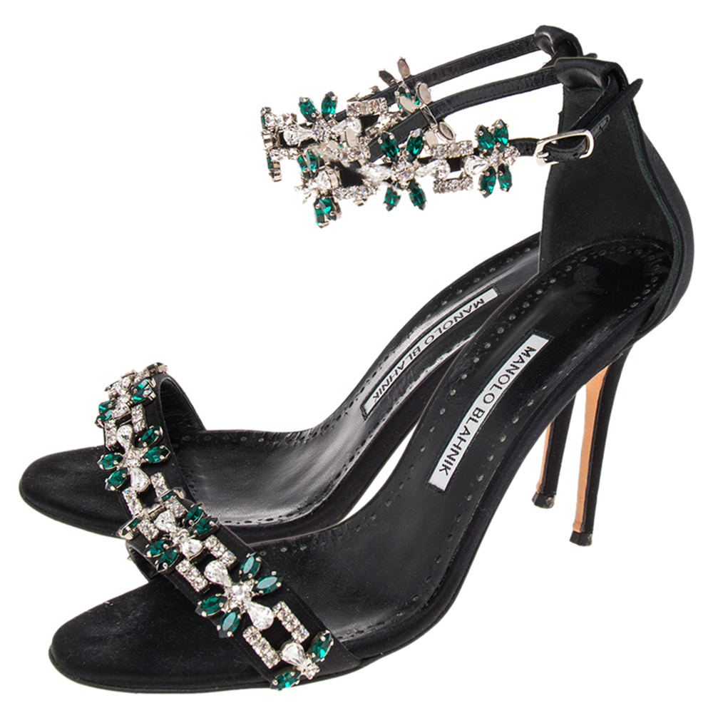 Pre Owned Manolo Blahnik Black Satin Embellished Ankle Strap Sandals Size 38.5