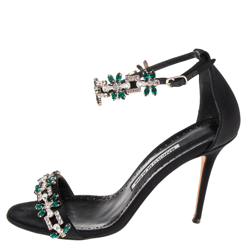

Manolo Blahnik Black Satin Embellished Ankle Strap Sandals Size