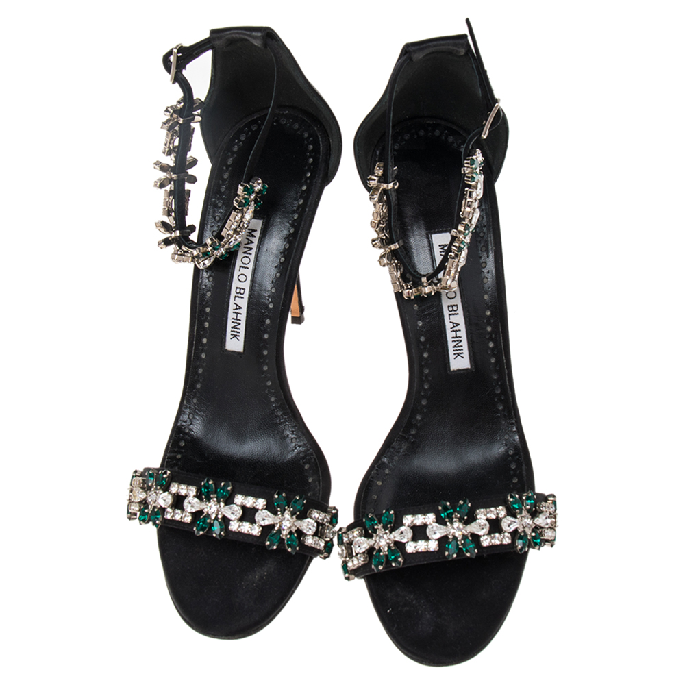 Pre Owned Manolo Blahnik Black Satin Embellished Ankle Strap Sandals Size 38.5