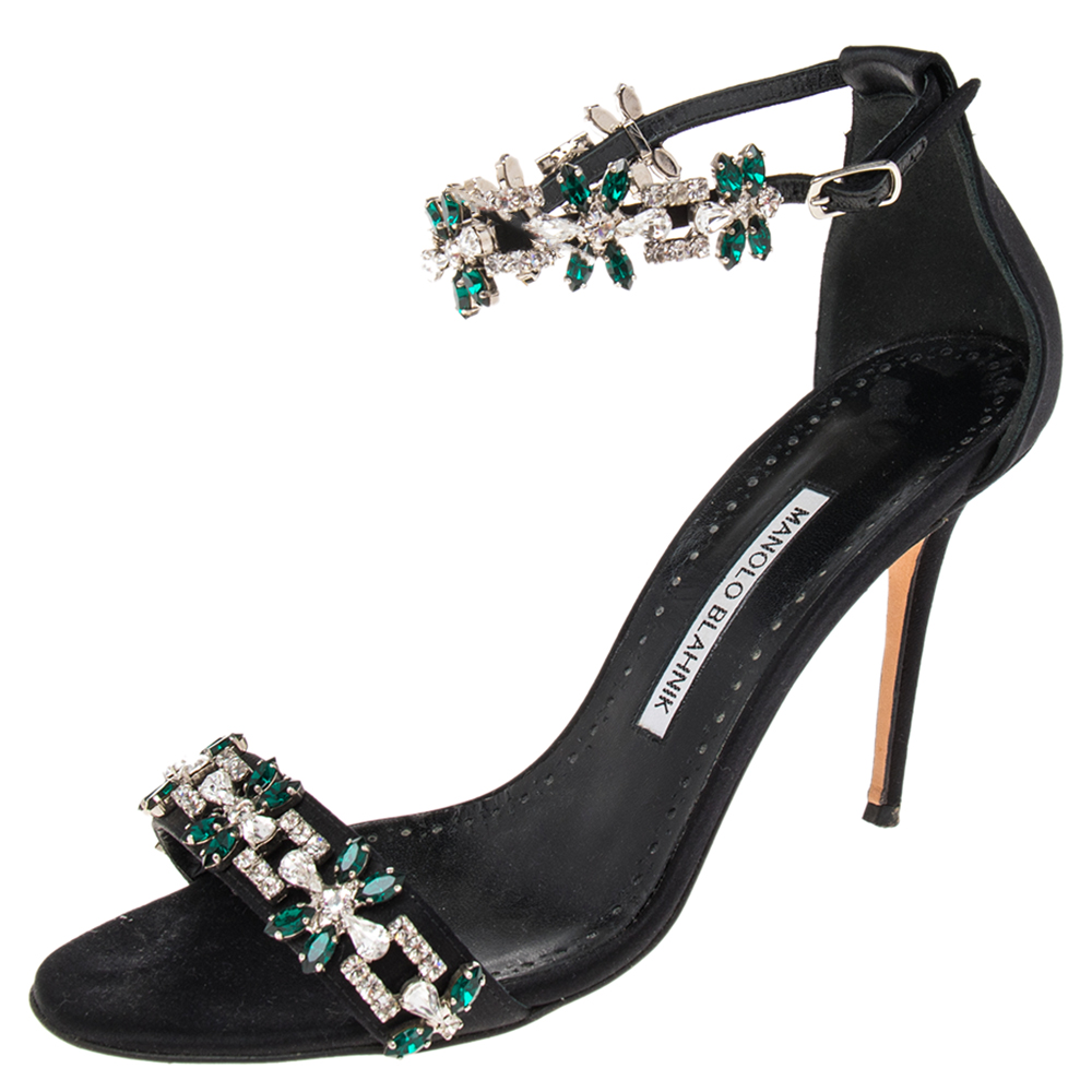 Pre Owned Manolo Blahnik Black Satin Embellished Ankle Strap Sandals Size 38.5
