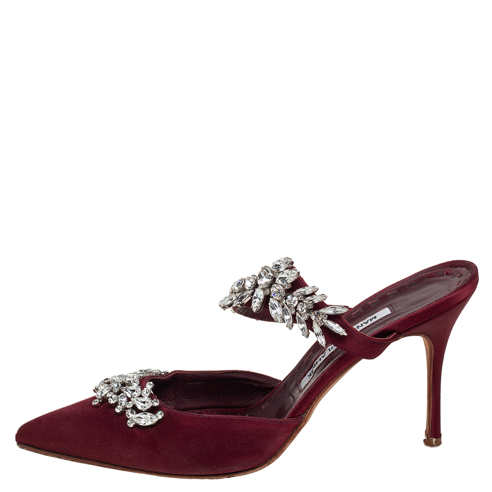 

Manolo Blahnik Burgundy Satin Lurum Crystal Embellished Pointed Toe Sandals Size