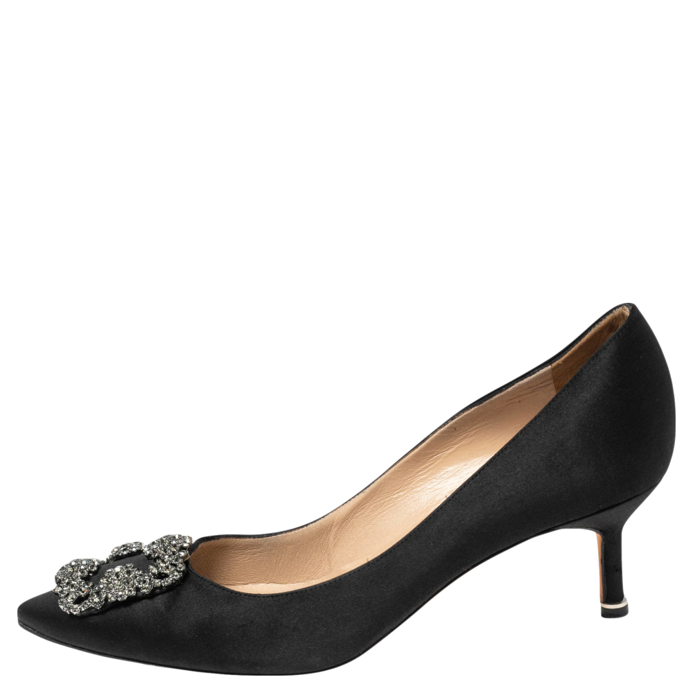 

Manolo Blahnik Black Satin Hangisi Embellished Pointed Toe Pumps Size