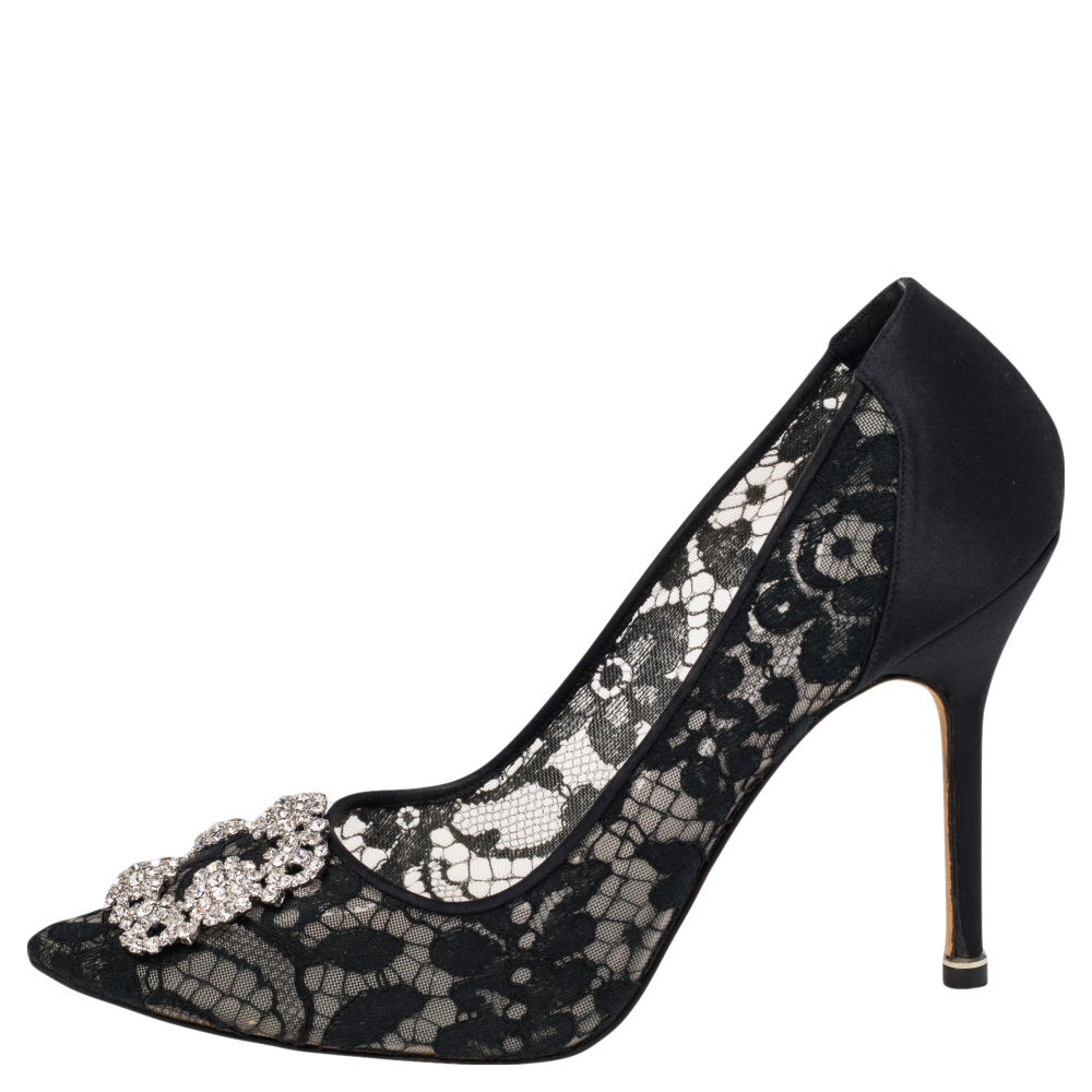 

Manolo Blahnik Black Lace And Satin Hangisi Pumps Size