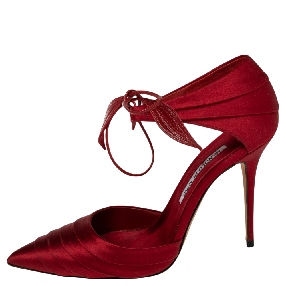 

Manolo Blahnik Red Satin Reya Pleated Pointed Toe Ankle Wrap Pumps Size
