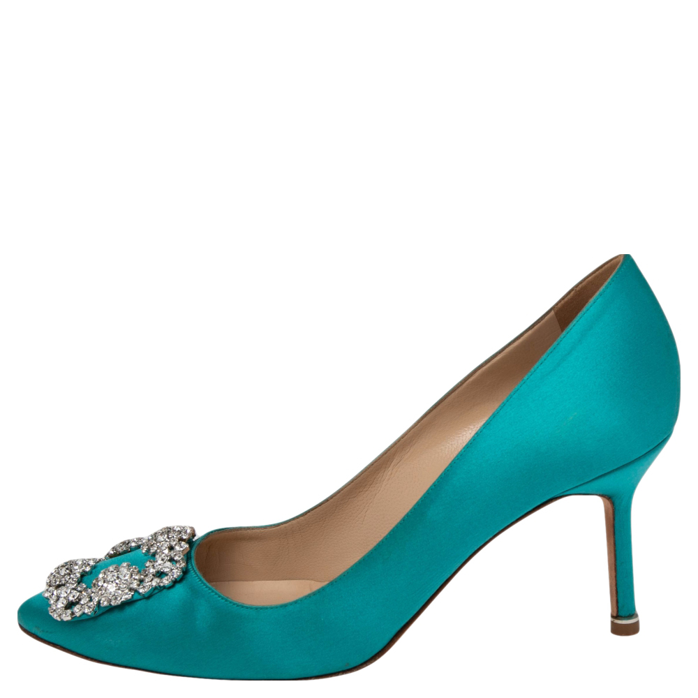 

Manolo Blahnik Green Satin Hangisi Crystal Embellished Pumps Size