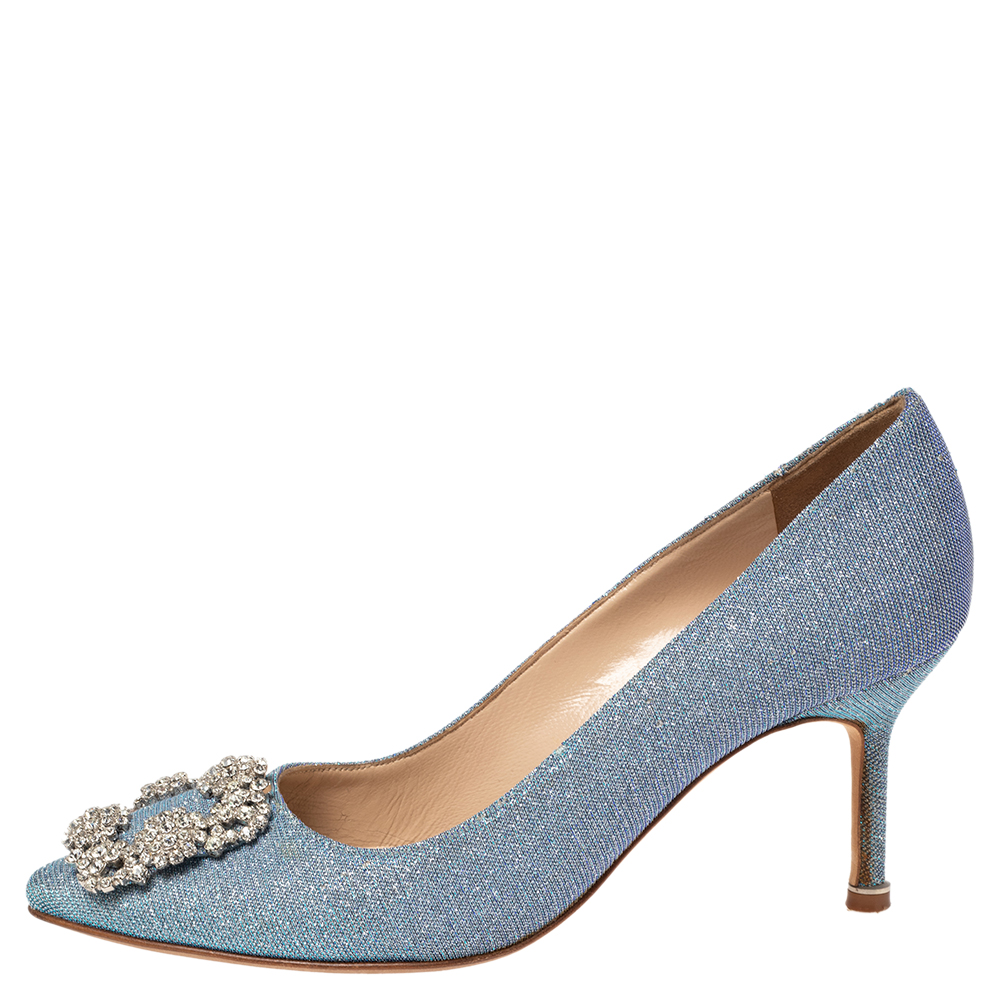 

Manolo Blahnik Blue Glitter Fabric Hangisi Pumps Size