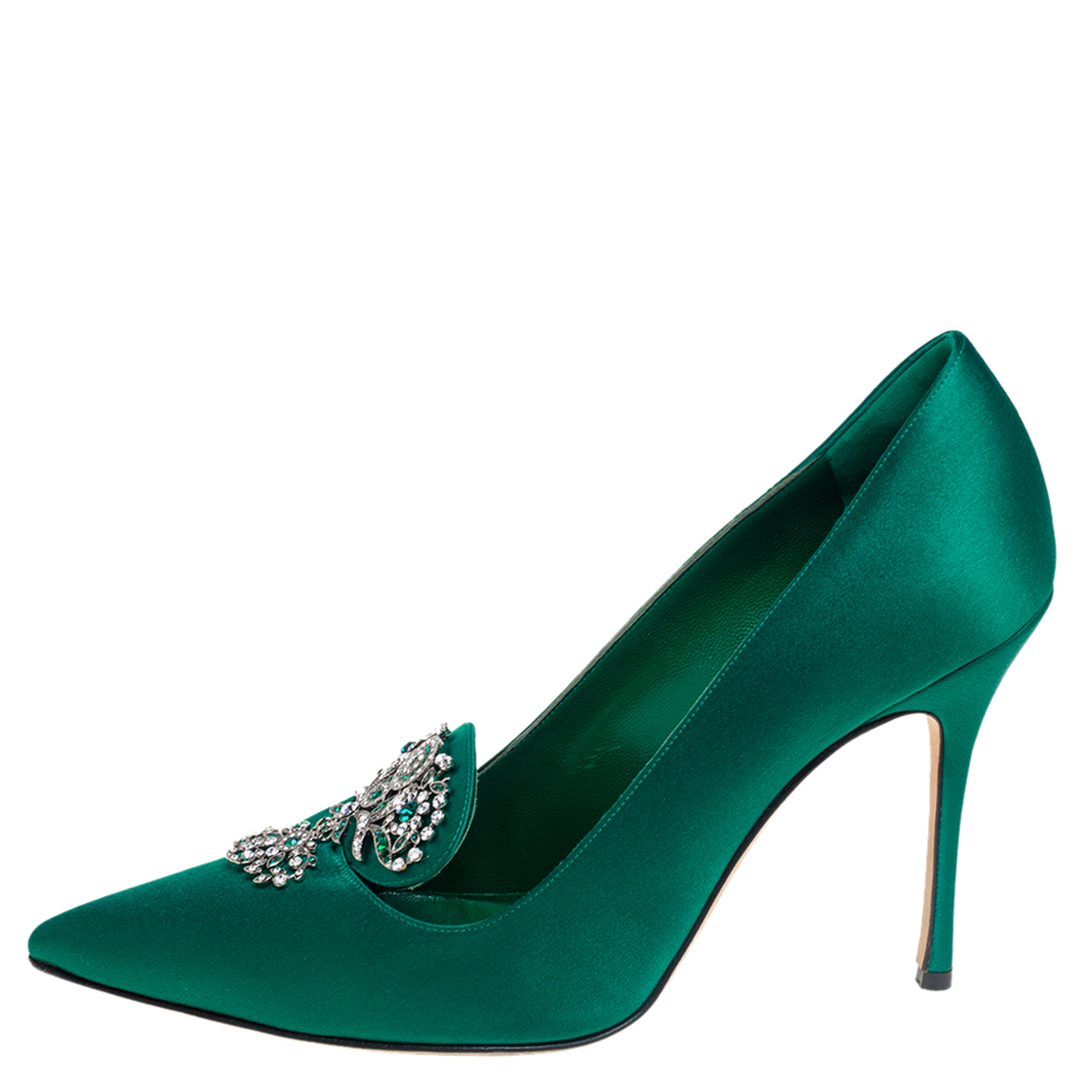 

Manolo Blahnik Emerald Green Satin Embellishment Pumps Size