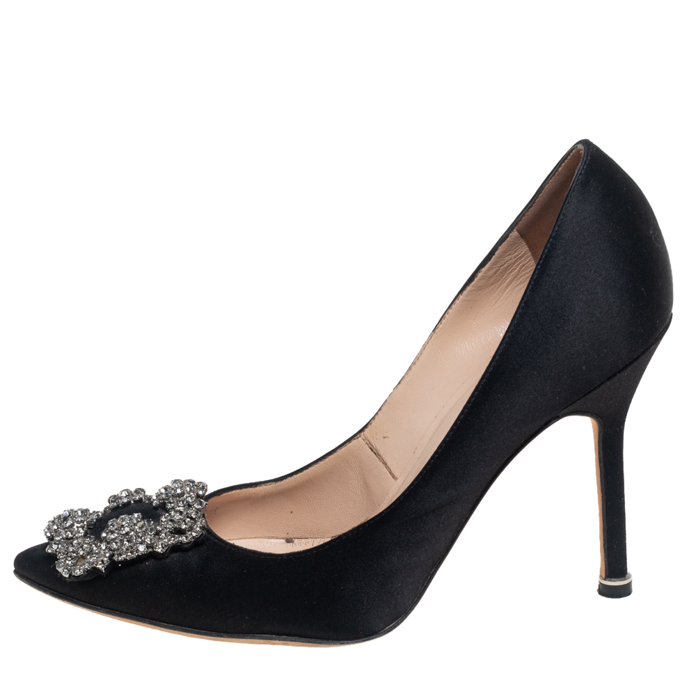 

Manolo Blahnik Black Satin Hangisi Pumps Size