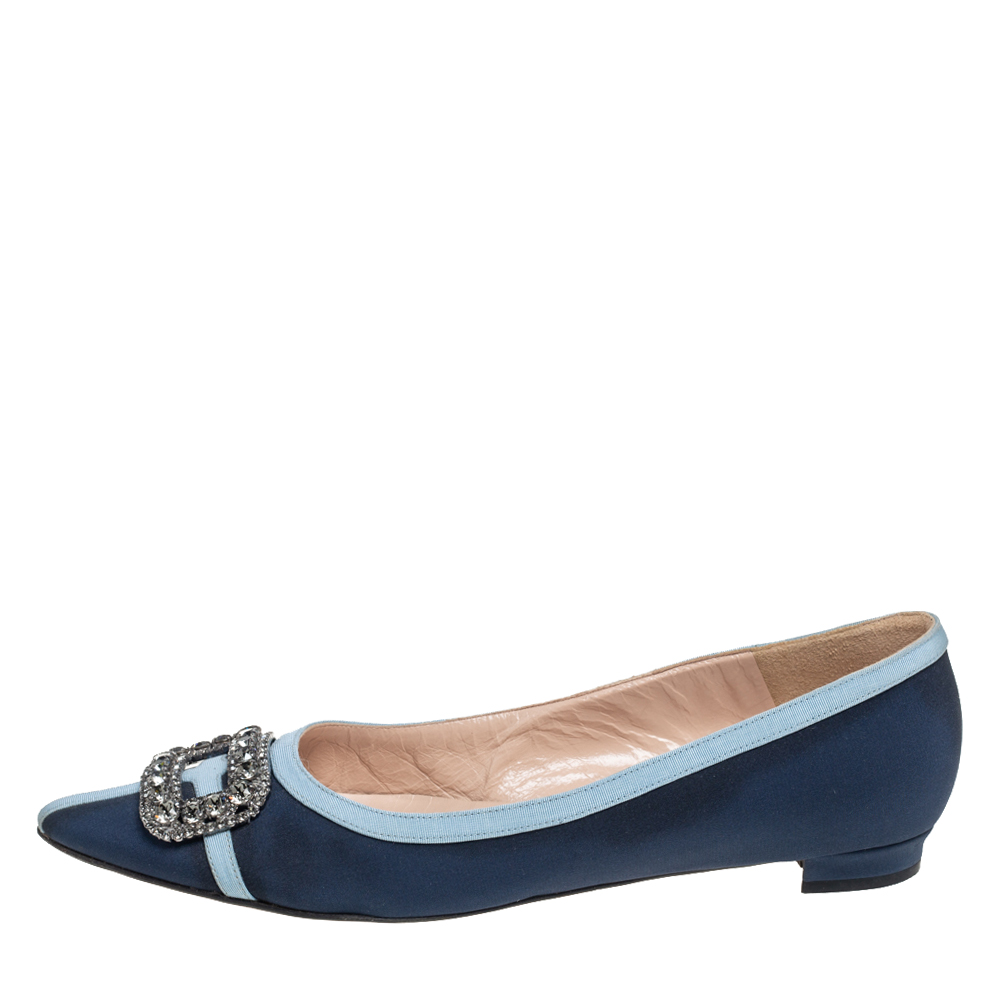 

Manolo Blahnik Navy Blue Satin Gotrian Crystal Embellished Pointed Toe Flats Size