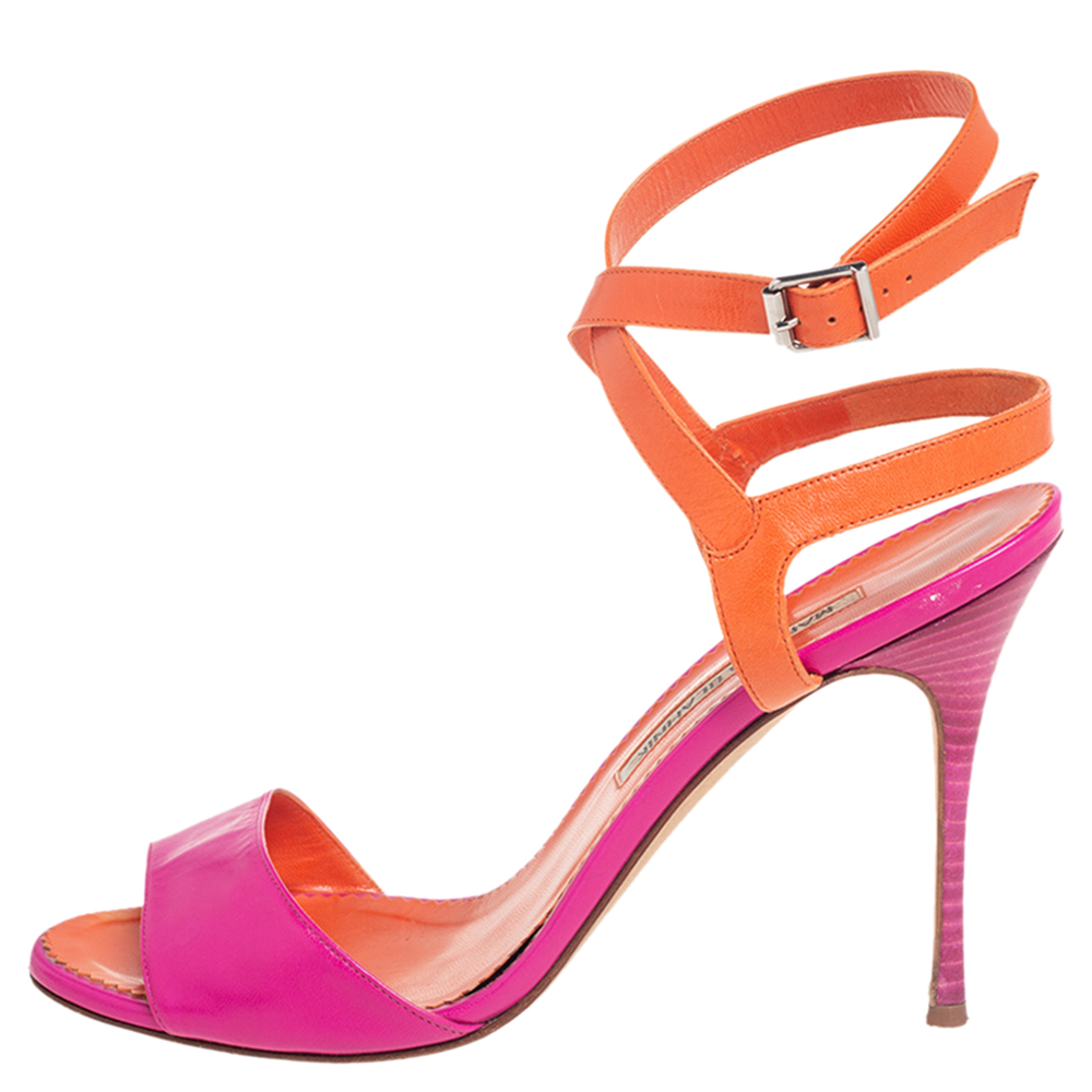 

Manolo Blahnik Fuschia Pink/Orange Leather Ankle Strap Sandals Size