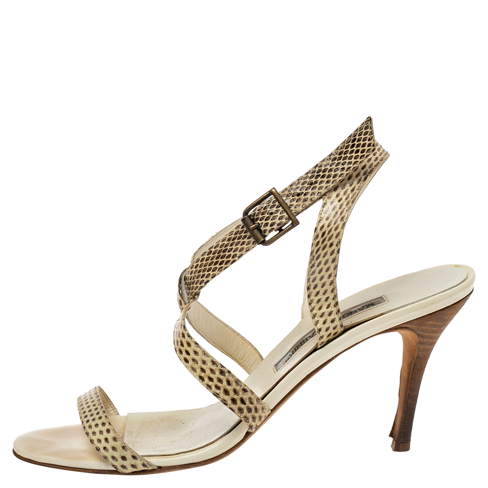 

Manolo Blahnik White-Brown Snake Embossed Leather Ankle Strap Sandals Size