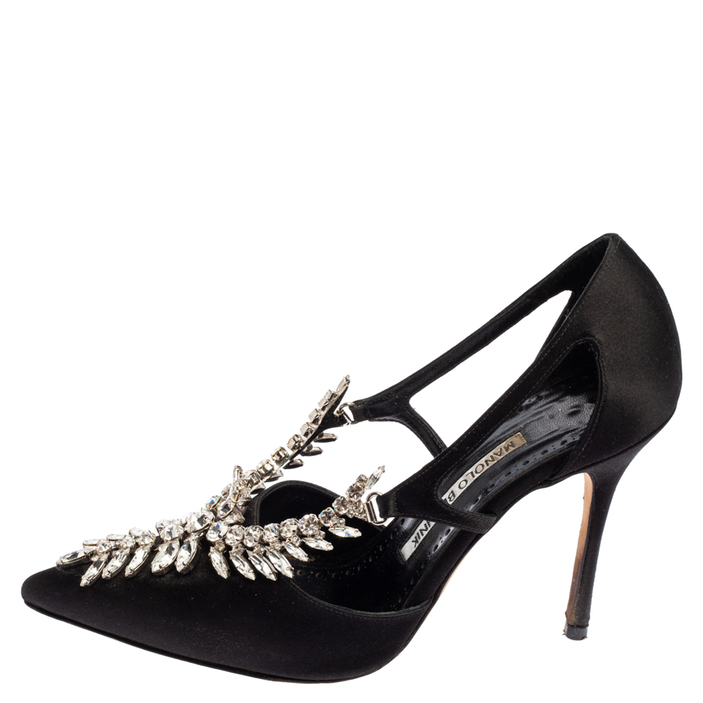 

Manolo Blahnik Black Satin Lala Crystal-Embellished Pumps Size