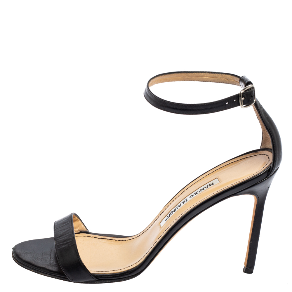 

Manolo Blahnik Black Leather Chaos Ankle Strap Sandals Size