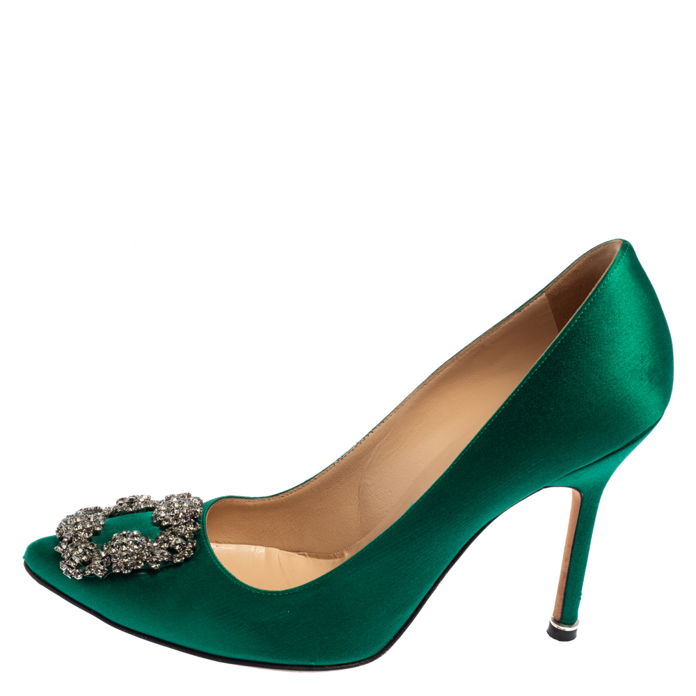 

Manolo Blahnik Green Satin Hangisi Pumps Size