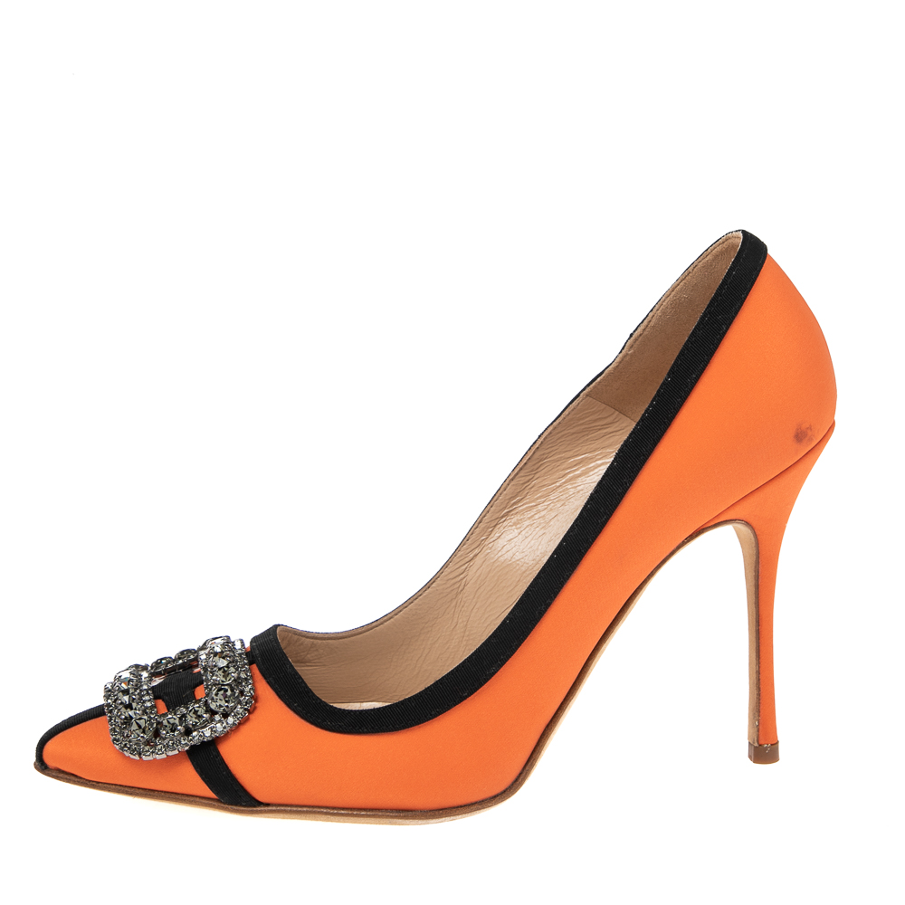 

Manolo Blahnik Orange/Black Satin Gotrian Crystal Embellished Pumps Size