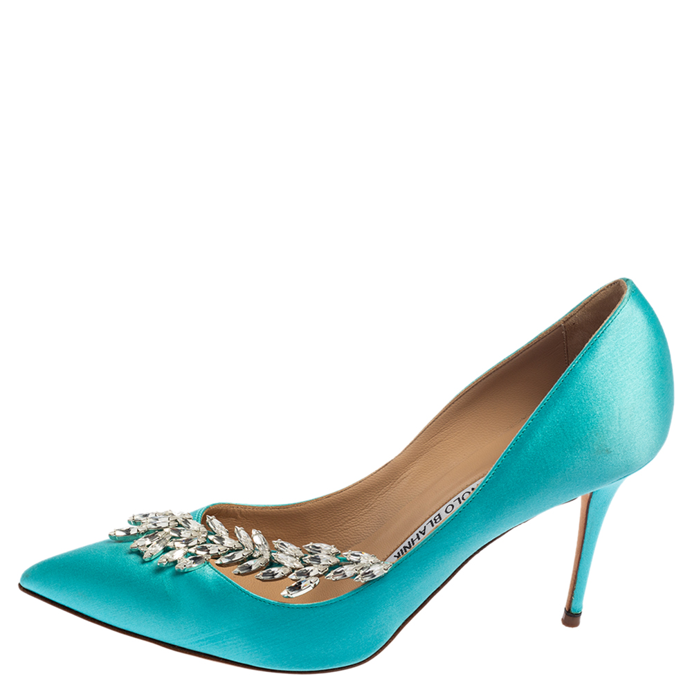 

Manolo Blahnik Turquoise Blue Satin Nadira Pumps Size