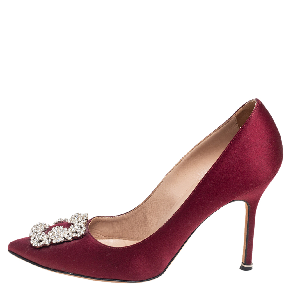 

Manolo Blahnik Burgundy Satin Hangisi Pointed Toe Pumps Size