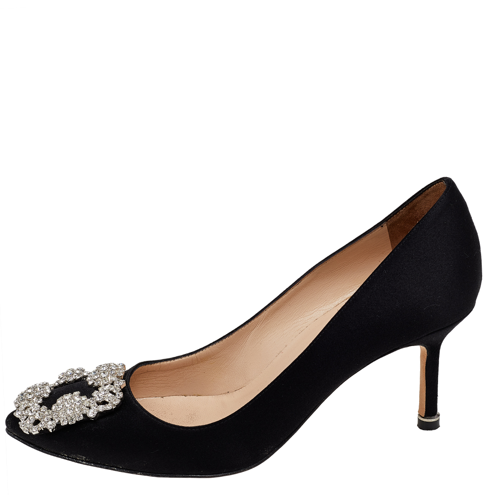 

Manolo Blahnik Black Satin Hangisi Pumps Size