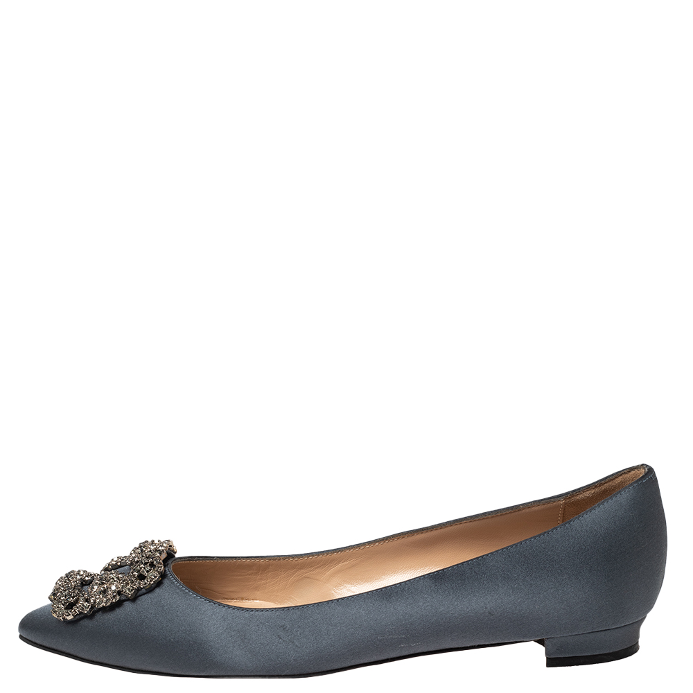 

Manolo Blahnik Metallic Grey Satin Hangisi Ballet Flats Size