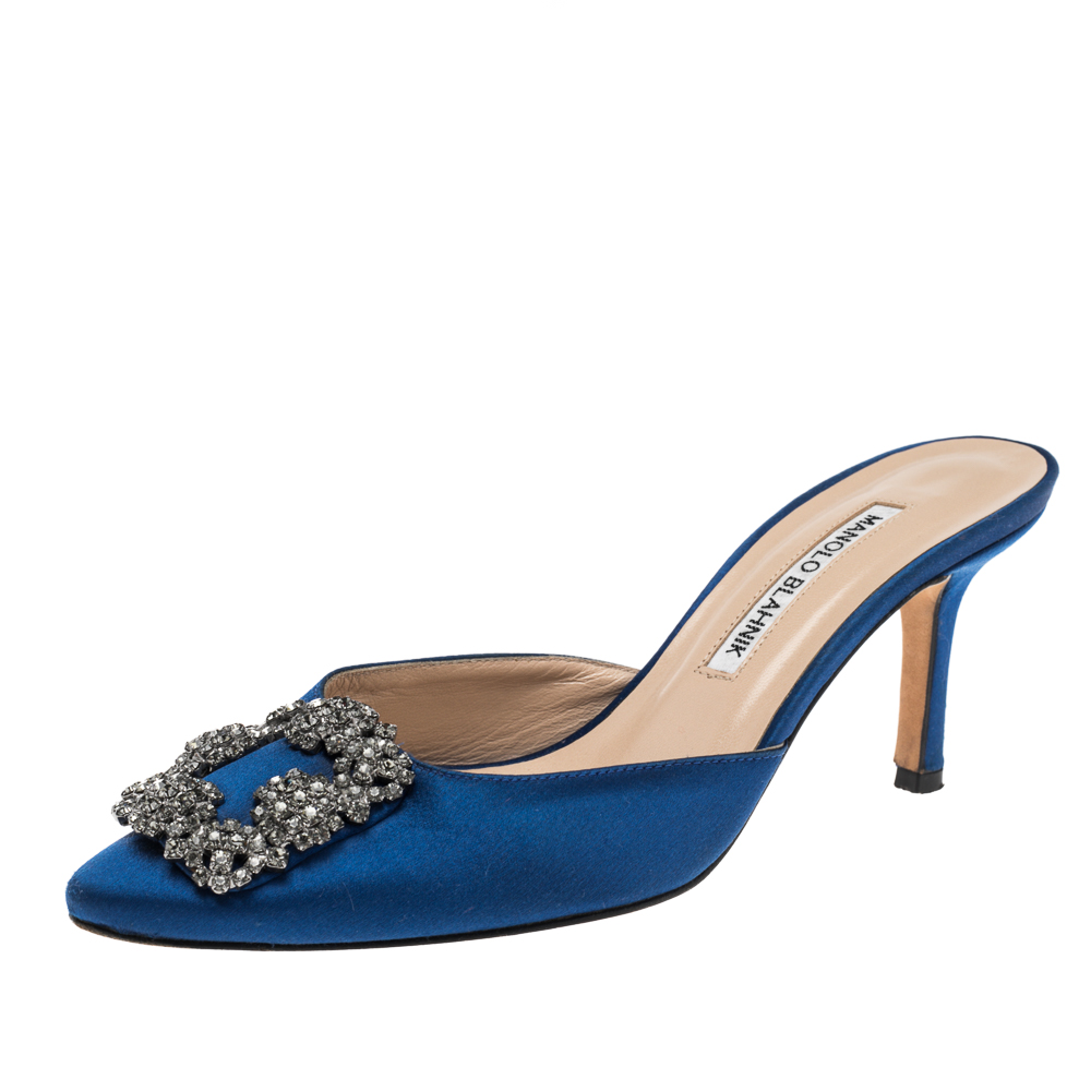 Pre-owned Manolo Blahnik Blue Satin Hangisi Embellished Mules Sandals Size 37