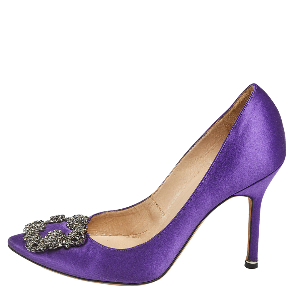 

Manolo Blahnik Purple Satin Hangisi Crystal Embellished Pointed Toe Pumps Size
