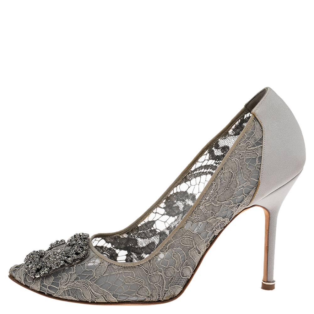 

Manolo Blahnik Grey Lace And Satin Hangisi Pointed Toe Pumps Size