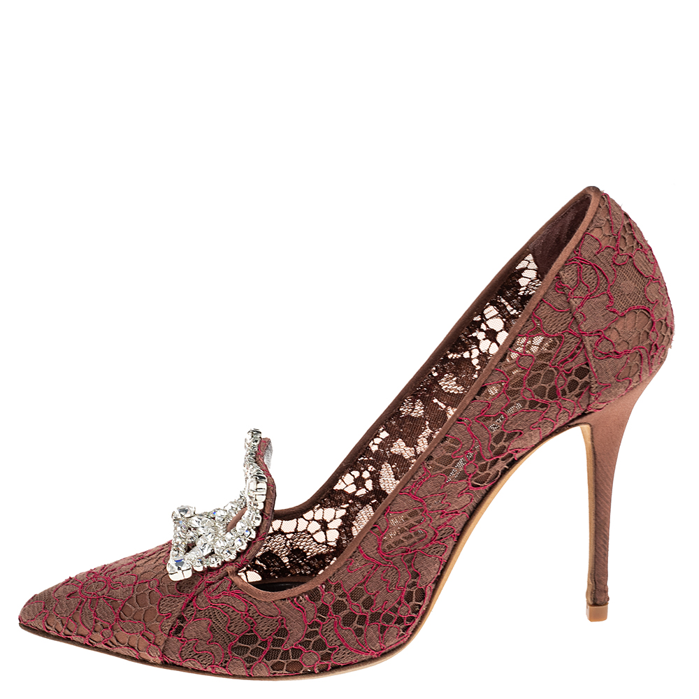 

Manolo Blahnik Brown Satin And Pink Lace Borlak Crystal Embellished Pumps Size