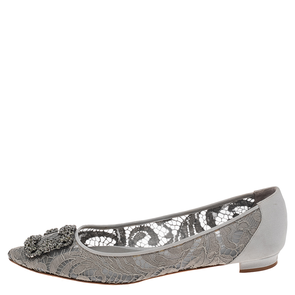 

Manolo Blahnik Grey Lace and Stain Hangisi Ballet Flat Size