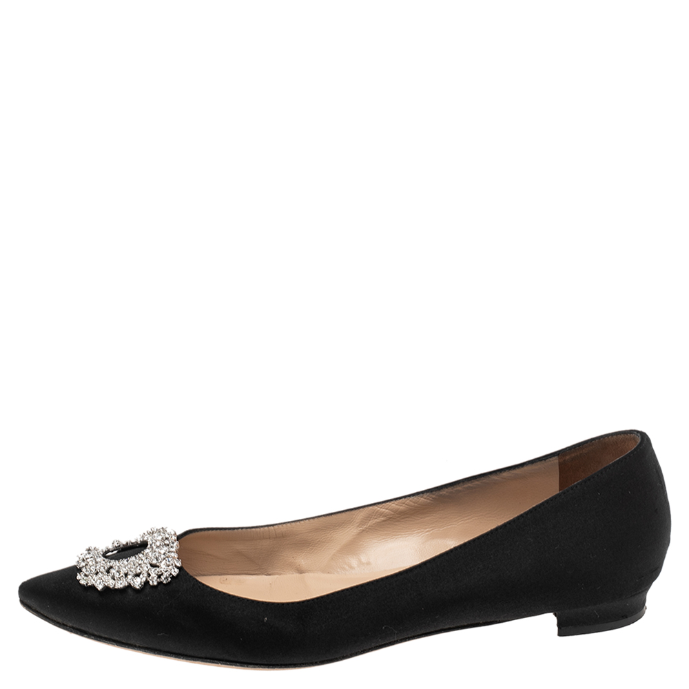 

Manolo Blahnik Black Satin Crystal Embellished Pointed Toe Flats Size