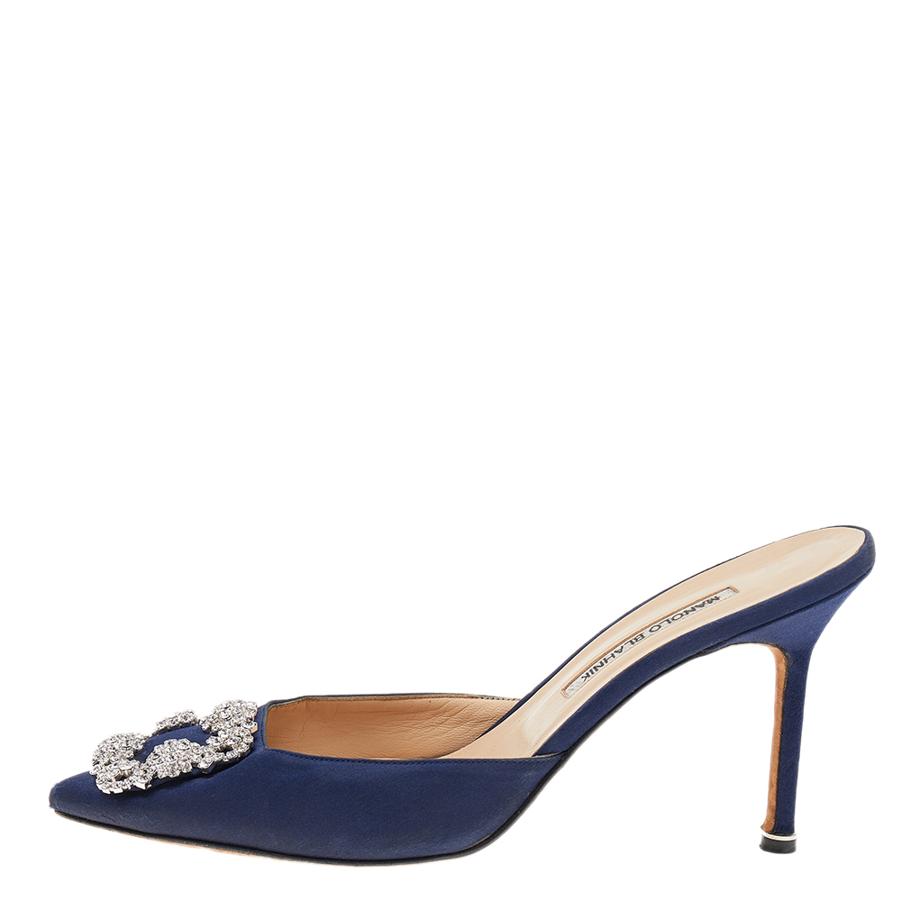 

Manolo Blahnik Blue Satin Hangisi Mules Sandals Size