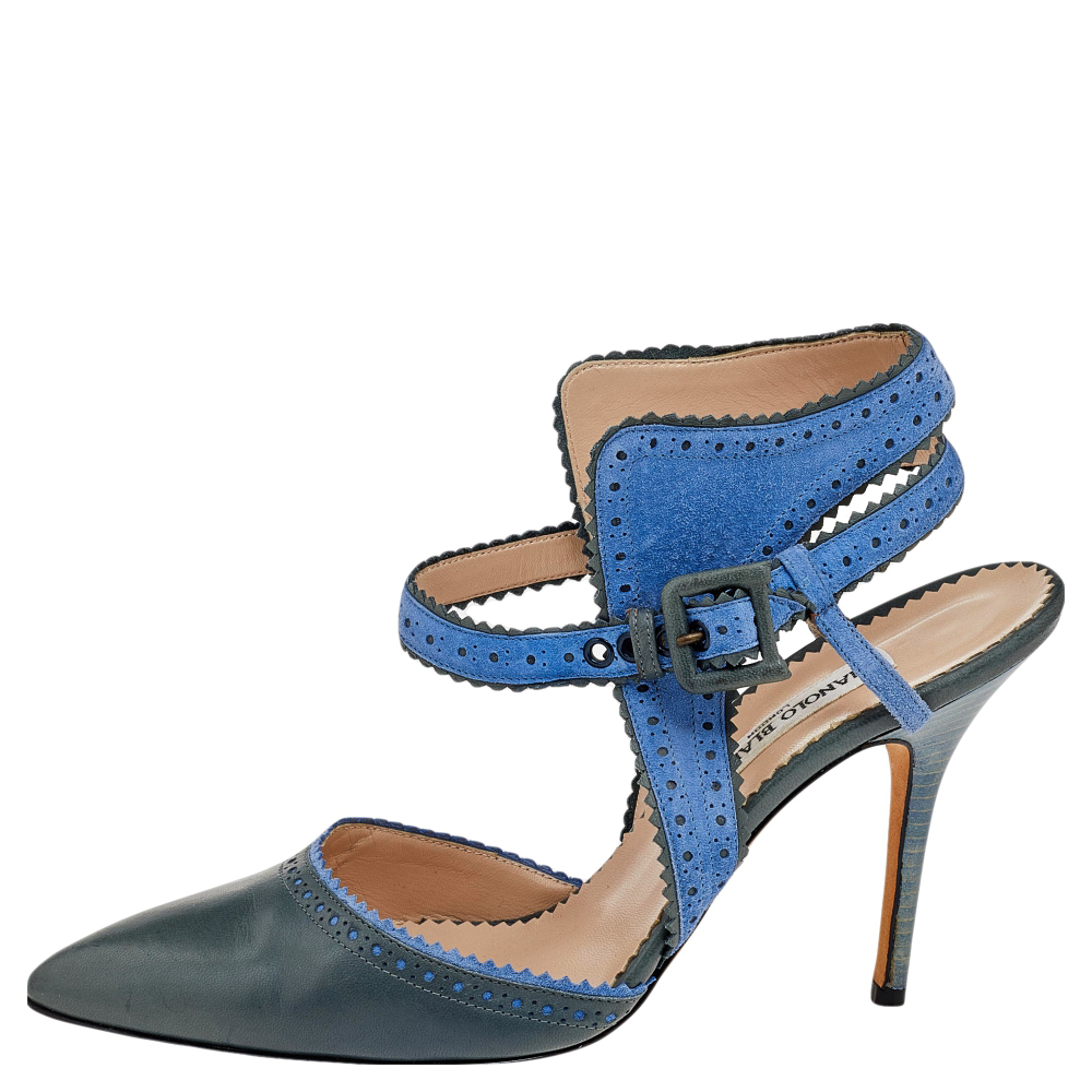 

Manolo Blahnik Green/Blue Leather And Suede Ankle Strap Sandals Size