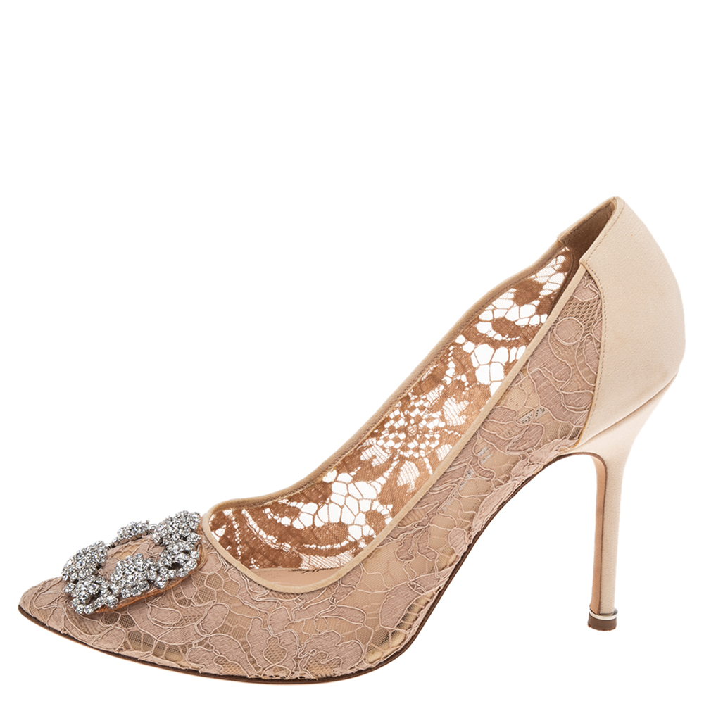 

Manolo Blahnik Beige Satin And Lace Hangisi Crystal Embellished Pointed Toe Pumps Size