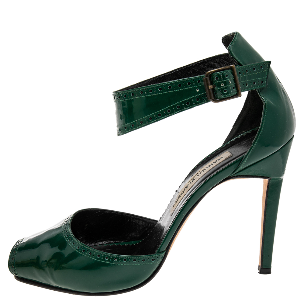 

Manolo Blahnik Green Brogue Patent Leather Ankle Cuff Peep Toe Sandals Size