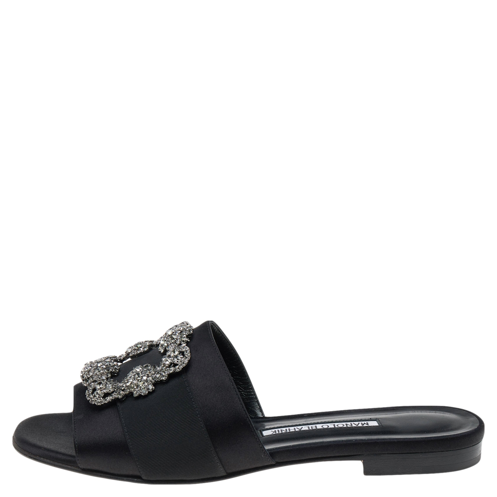 

Manolo Blahnik Black Satin Crystal Martamod Flat Slide Sandals Size