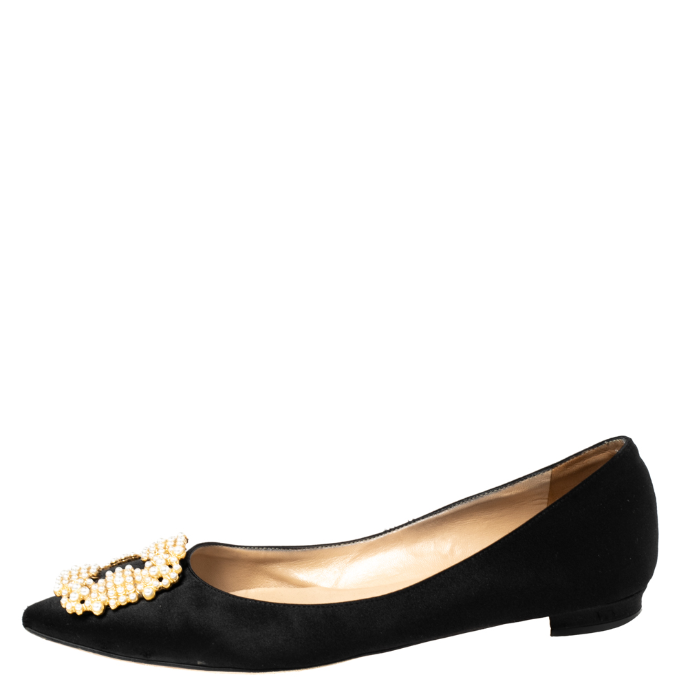

Manolo Blahnik Black Satin Hangisi Pearl Embellished Flats Size