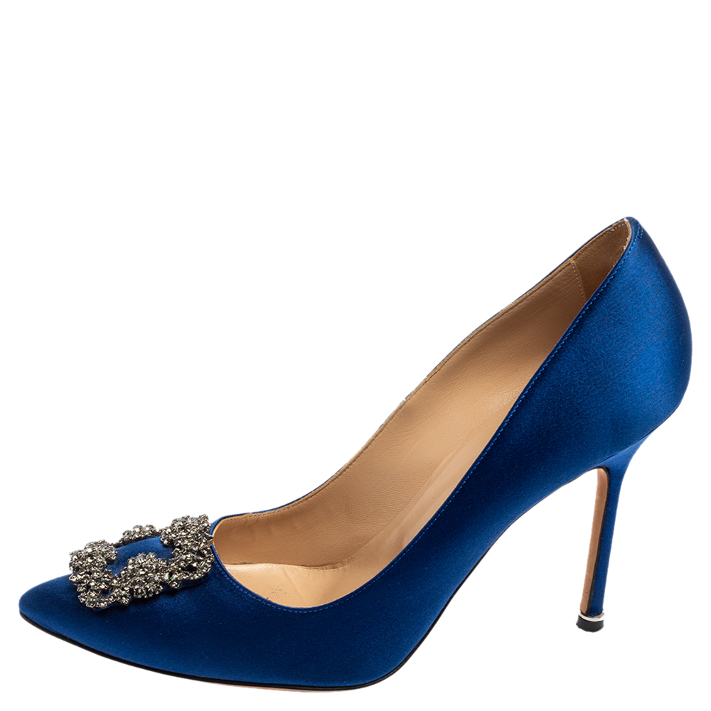 

Manolo Blahnik Blue Satin Hangisi Pointed-Toe Pumps Size